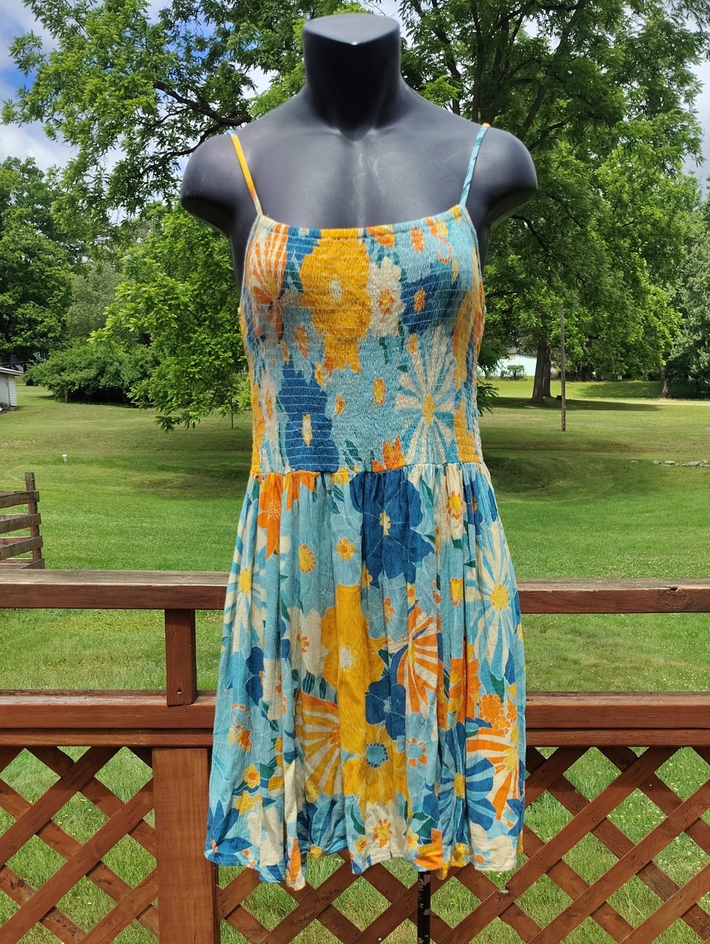 Angie Blue Orange & Yellow Floral Smocked Sundress Size Large